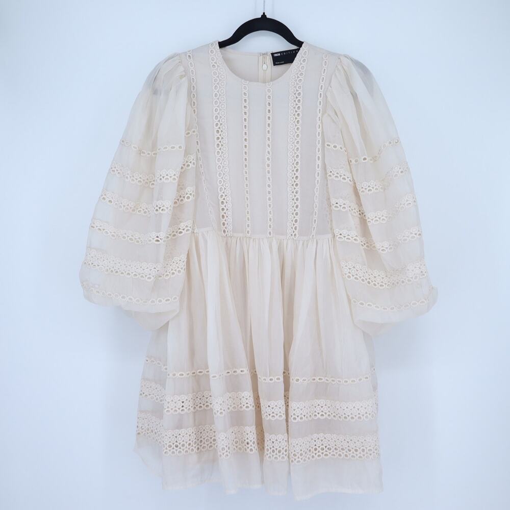 ASOS Edition Lace Mini Dress Cream Babydoll Long Sleeve Women's 0